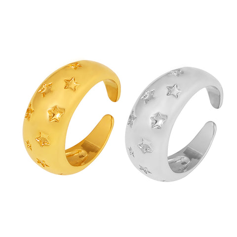 Retro Star Embossed Wide Band Open Ring - SazenIce