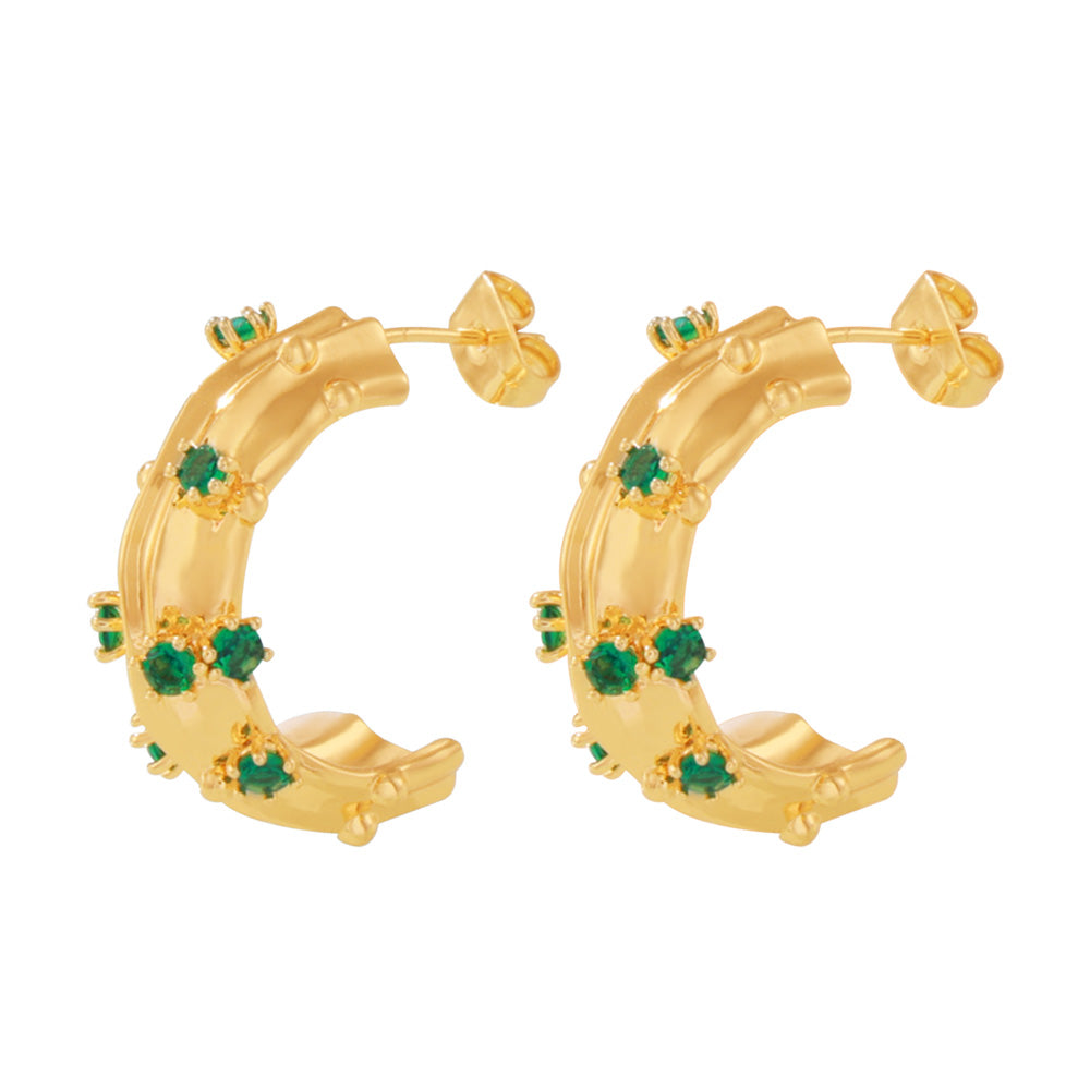 Green Glass Studded Gold Earrings - SazenIce