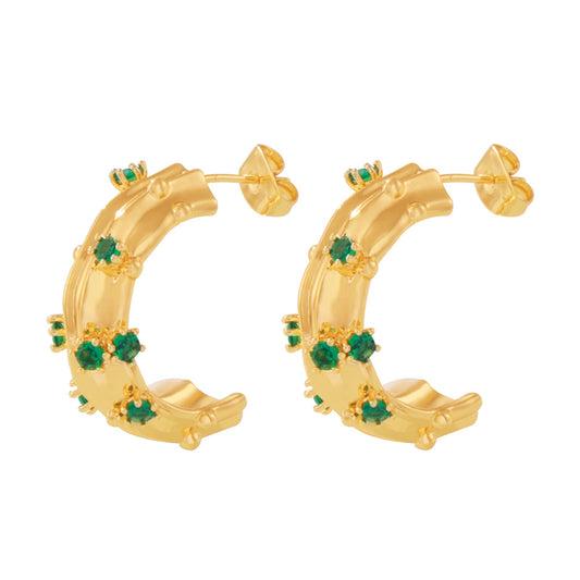 Green Glass Studded Gold Earrings - SazenIce