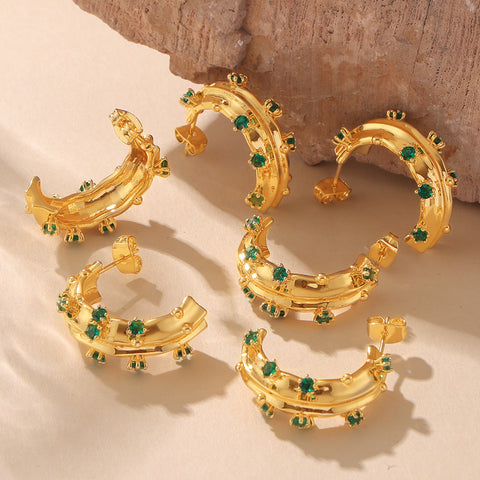 Green Glass Studded Gold Earrings - SazenIce