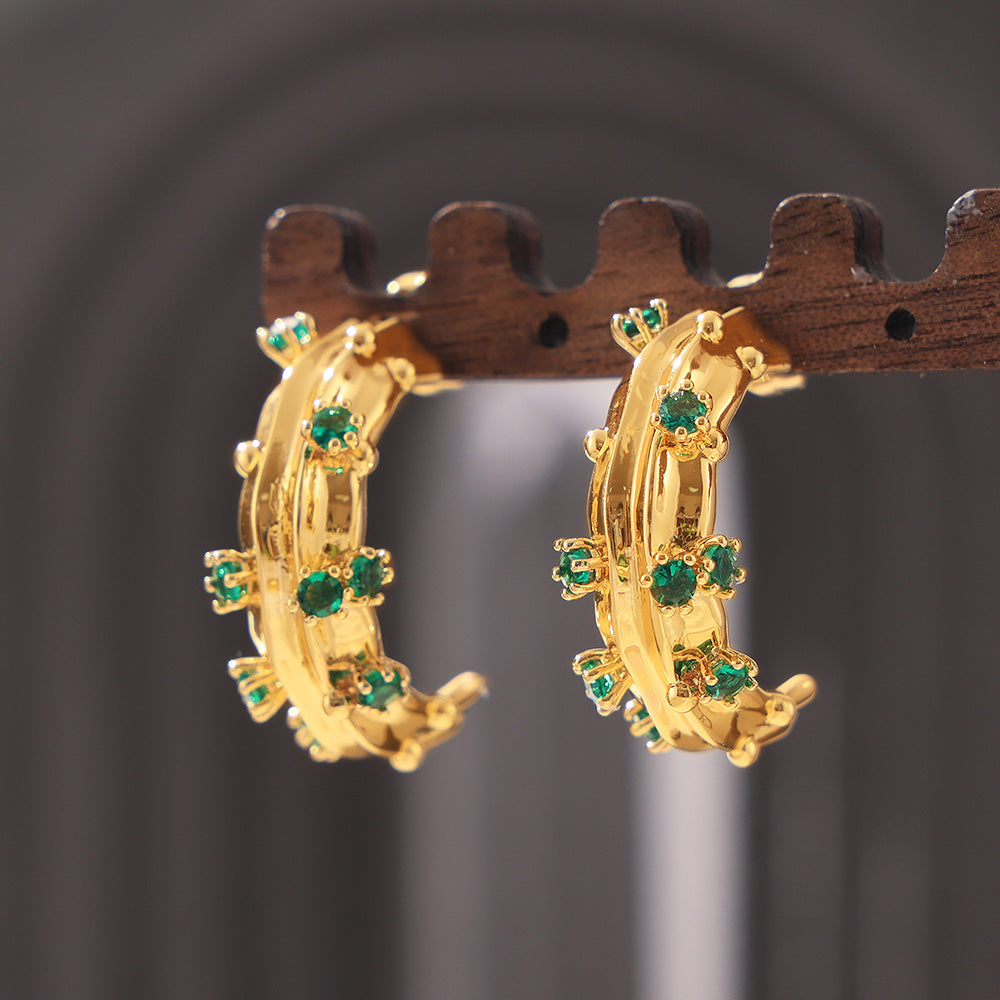 Green Glass Studded Gold Earrings - SazenIce