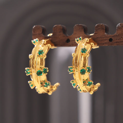 Green Glass Studded Gold Earrings - SazenIce