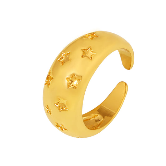 Retro Star Embossed Wide Band Open Ring - SazenIce